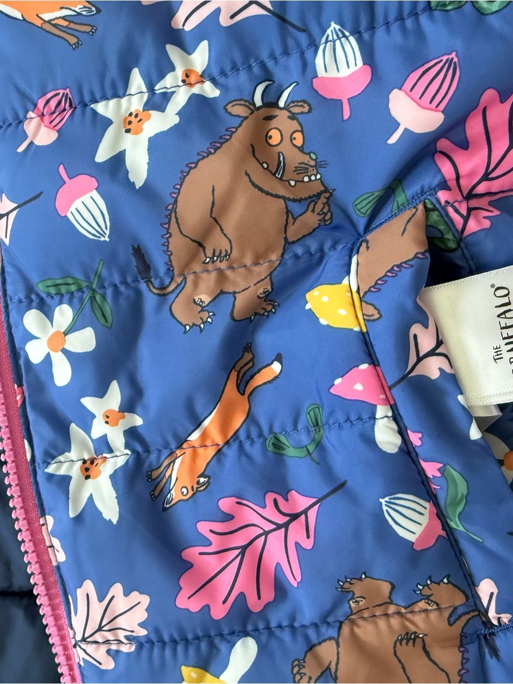 Joules Blue Puffer Vest with Pink Trim and Woodland Animal Print - Picture 5 of 6